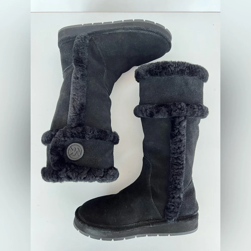 Michael Kors Sheep Lined Suede Leather Tall Winter Snow Boots in Black, size 6